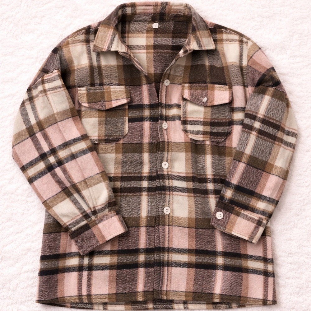 Plaid Button-Up Cardigan in Pink and Brown